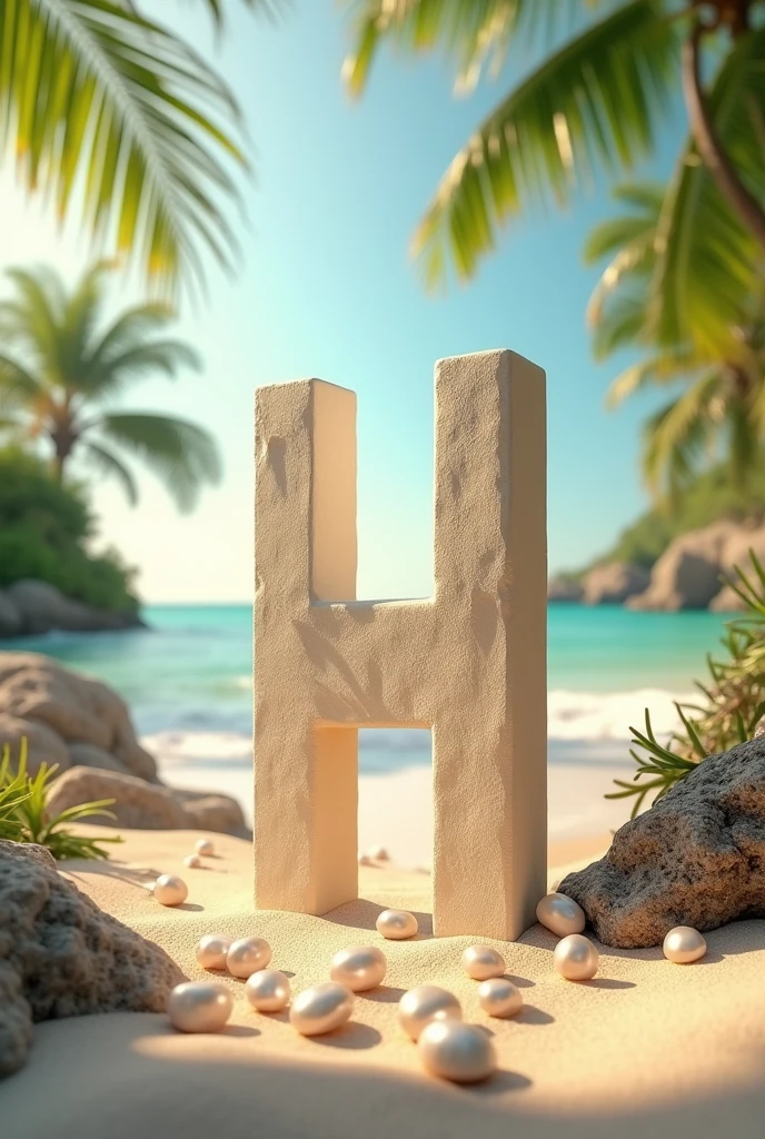 Alphabet H on beach with pearls