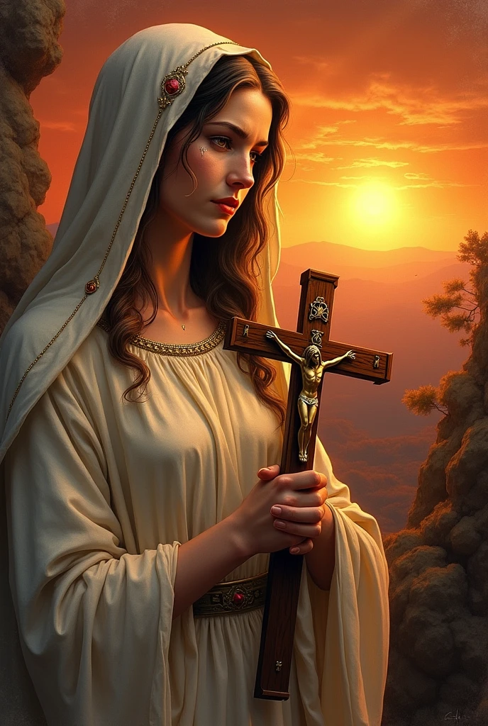 Bookmark of Saint Mary Magdalene holding a crucifix crying with the sunset beside her