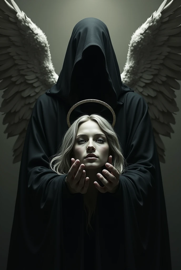 Death with aspect , dark and Machiavellian , holding the head of a>> the head is angelic with a halo