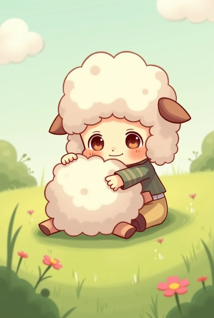 chibi hugging a sheep