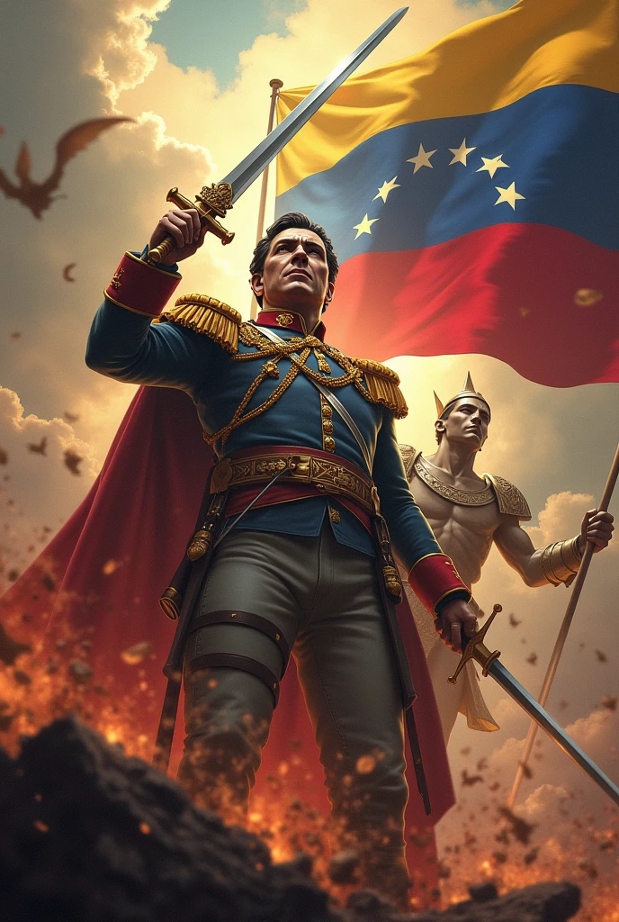 Bolívar and his sword with his military uniform of the time and Saint Michael the Archangel in a gladiator uniform descending from heaven in a battle against demons and in the sky the flag of Venezuela in the background