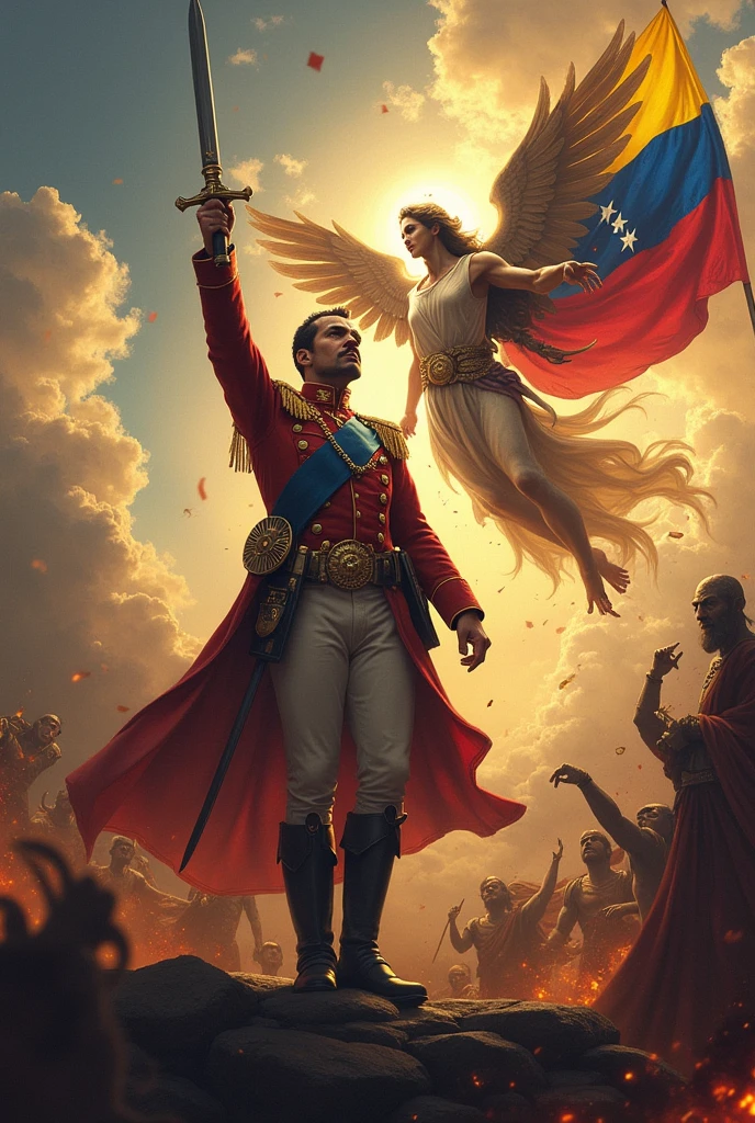 Bolívar and his sword with his military uniform of the time and Saint Michael the Archangel in a gladiator uniform descending from heaven in a battle against demons and in the sky the flag of Venezuela in the background