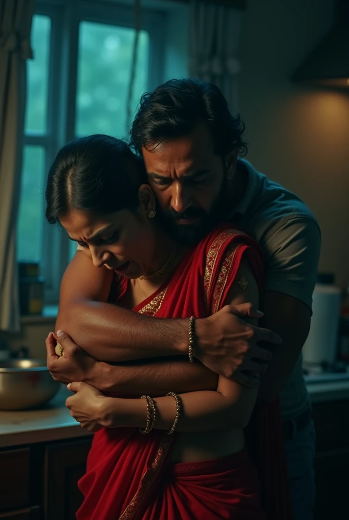 cinematic, photo realistic film poster of a indian women in anger (fight) tightened by her husband with both his hand from behind, night, kitchen , tension