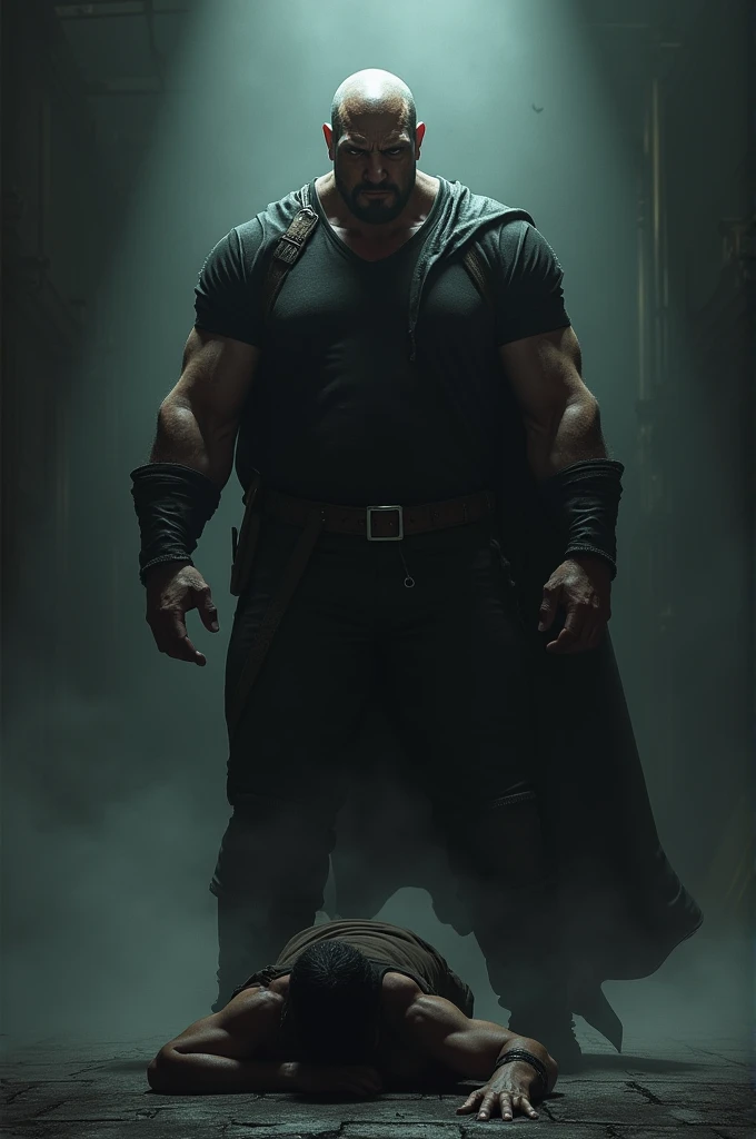 Create an image of a man in a menacing pose,hiw hand outstretched infront as he looks down at somebody intimidatingly