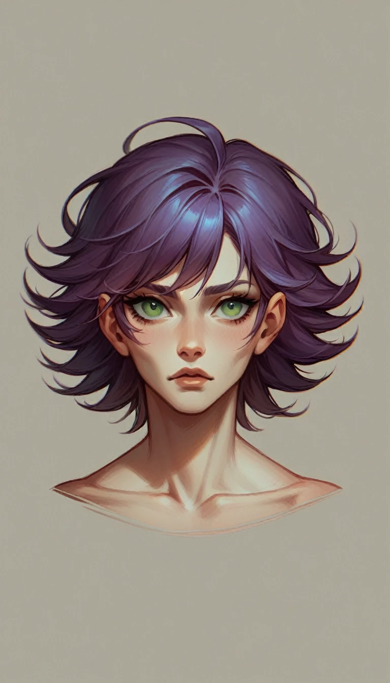 fanart style, Make a girl with all red and purple hair and green eyes