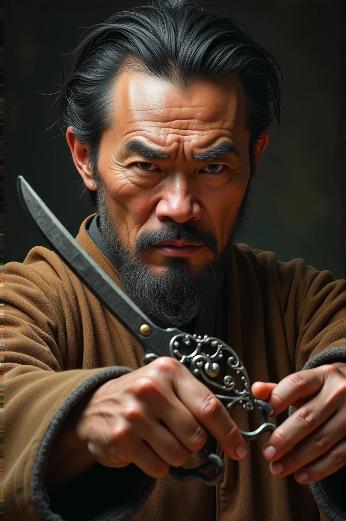 Create a picture of a Chinese man holding scissors