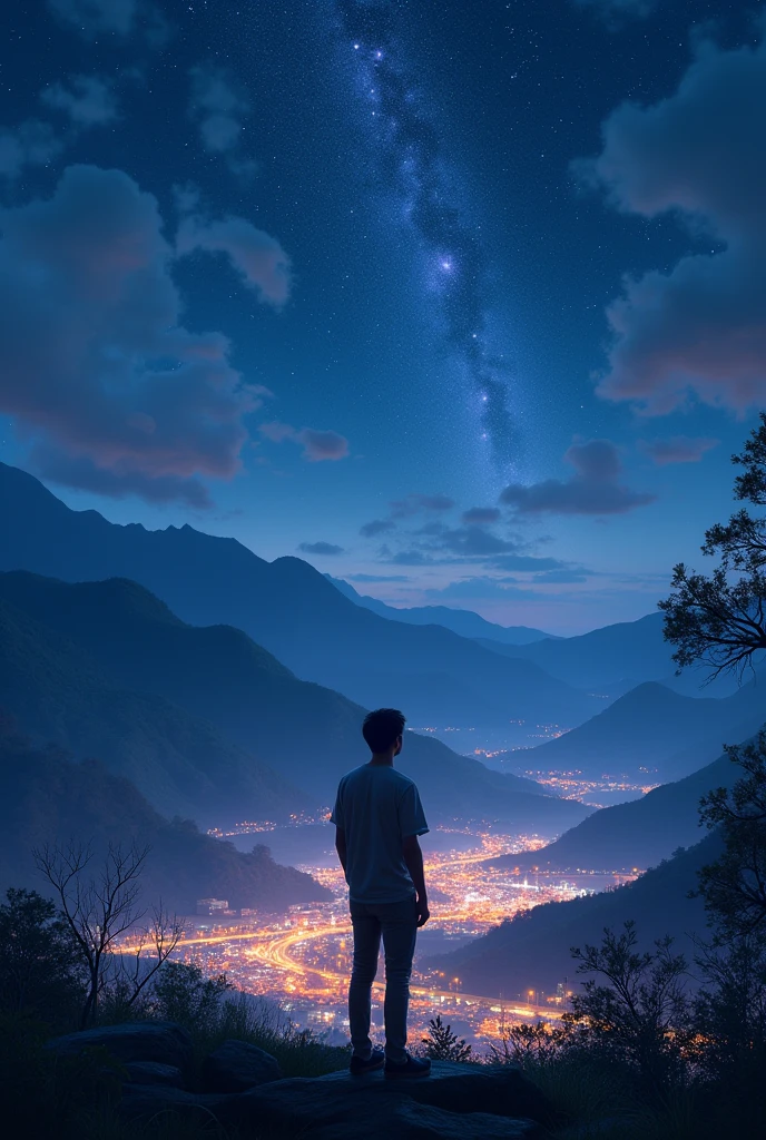 Philippines city lights mountain view, casual handsome stargazing