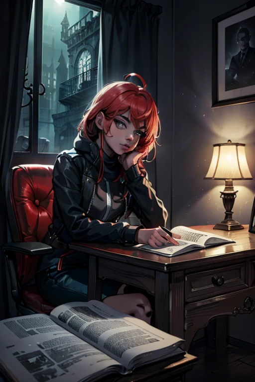 Killjoy Sitting Down at desk reading a book, (masterpiece:1.2, best quality:1.2, beautiful, high quality, highres:1.1, aesthetic), detailed, extremely detailed, ambient soft lighting, 4K, perfect eyes, perfect face, perfect lighting,