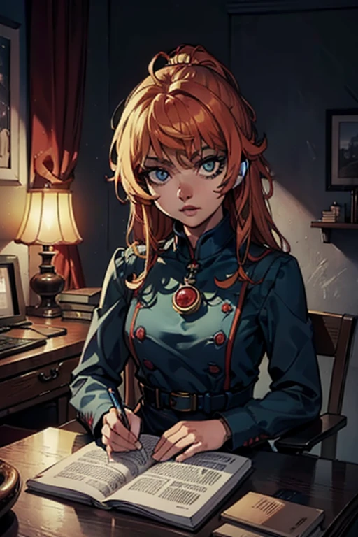 Killjoy Sitting Down at desk reading a book, (masterpiece:1.2, best quality:1.2, beautiful, high quality, highres:1.1, aesthetic), detailed, extremely detailed, ambient soft lighting, 4K, perfect eyes, perfect face, perfect lighting,