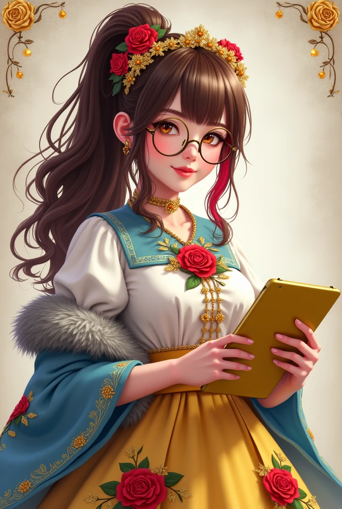Imagem da filha da Ramona Badwof e da Rosabella Beauty de Ever After High: Long wavy brown ponytail with red streaked bangs, first of all, Amber eyes, brown glasses with a red rose, white blouse with blue, with roses on the blouse and sleeves, yellow skirt with golden roses, a faux fur collar around the neck of gray color, golden flower tiara on head, You have to be holding a yellow tablet with red roses in your hands, You have to have red highlights in your hair
