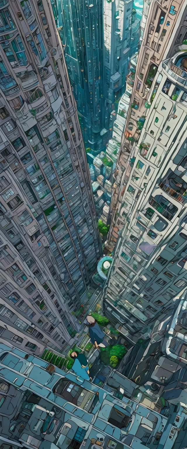 ((anime style Ghibli)), extremely detailed, An aerial view from the top of a skyscraper in a dense, Futuristic cityscape, with the perspective showing a person's legs and feet hanging over the edge. The person is wearing brown sneakers and camouflage pants... The city below is illuminated with numerous lights., Giving a vibrant and lively feel. The general atmosphere is adventurous and slightly risky.., with a focus on height and the urban environment. The scene is a little blurry., adding a sense of mystery and depth to the urban landscape,