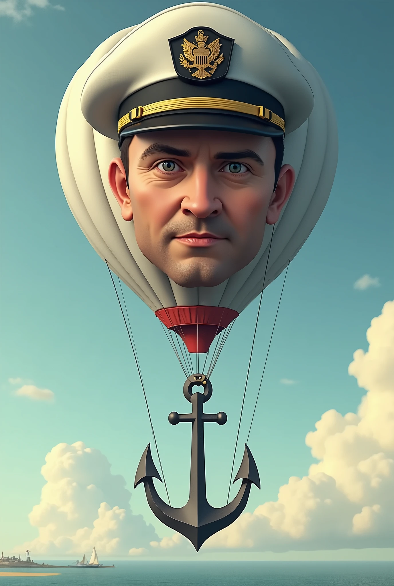 A balloon with a face of navy officer with cap lifting an anchor, 8K, High Quality