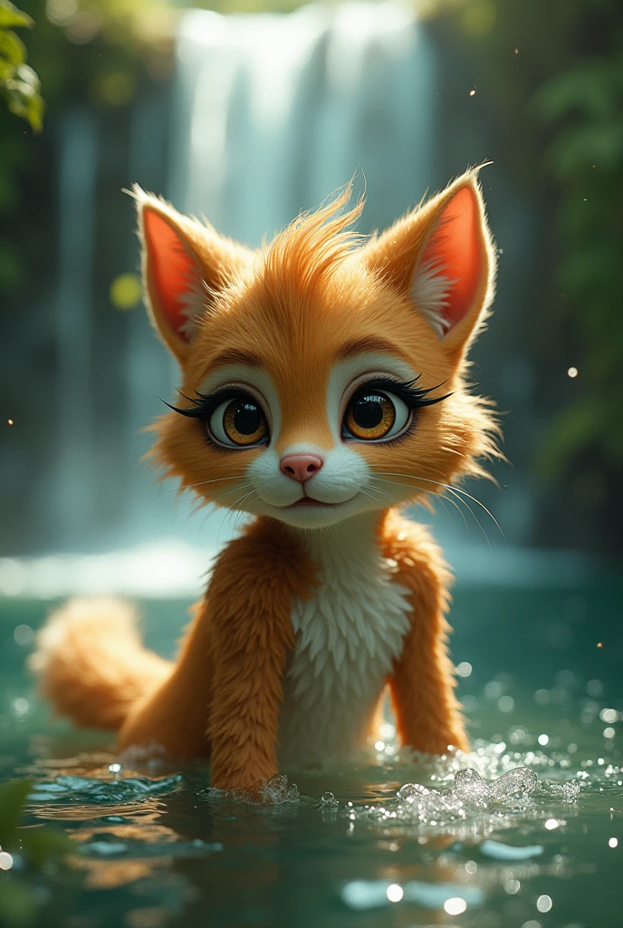 a furry young human girl, extremely detailed face and body, beautiful detailed eyes, beautiful detailed lips, beautiful detailed nose, long eyelashes, bathing under a waterfall, hyperrealistic, 8k, masterpiece, highly detailed, photorealistic, studio lighting, physically-based rendering, vibrant colors, natural lighting, lush forest background, fantasy, magical, whimsical