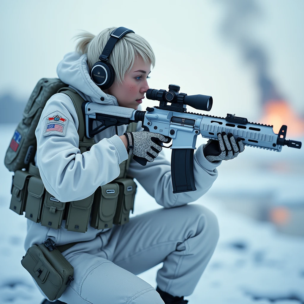 Masterpiece, a 20 yo Finish female Spec Ops operative kneeling in a white winter camouflage uniform firing with a white painted HK416 with a 4X scope and wearing a coms headset and and a spec ops helmet. Shis is firing at nearby Ruissian invaders during the 2026 Russian Finland war. she is near a frozen lake, beautiful round face, (platinium blonde short hair, blue eyes, very pale skin:1.2), a beautiful woman in a military uniform firing a automatic rifle, of a sniper girl in war, realistic soldiers, beautiful female soldier, infantry girl, soldier girl, unreal engine 5, movie still 8 k, portrait of soldier girl, mechanized soldier girl, female lead character, 8k portrait render, 3 d render character art 8 k, solo female character, ultra high res.photorealistic, UHD, RAW, explosions and smoke in the background