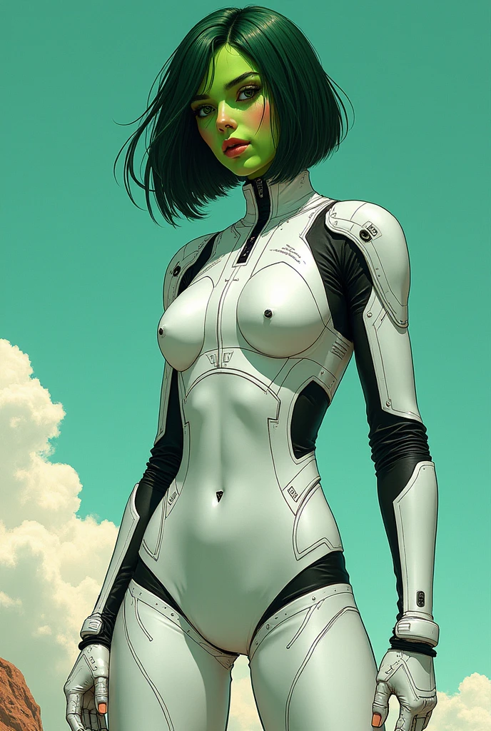 1girl, green skin, dark green hair, seamless bob cut, white cybernetic space suit, cybernetic pants, black accents, white gloves, white boots, comics
