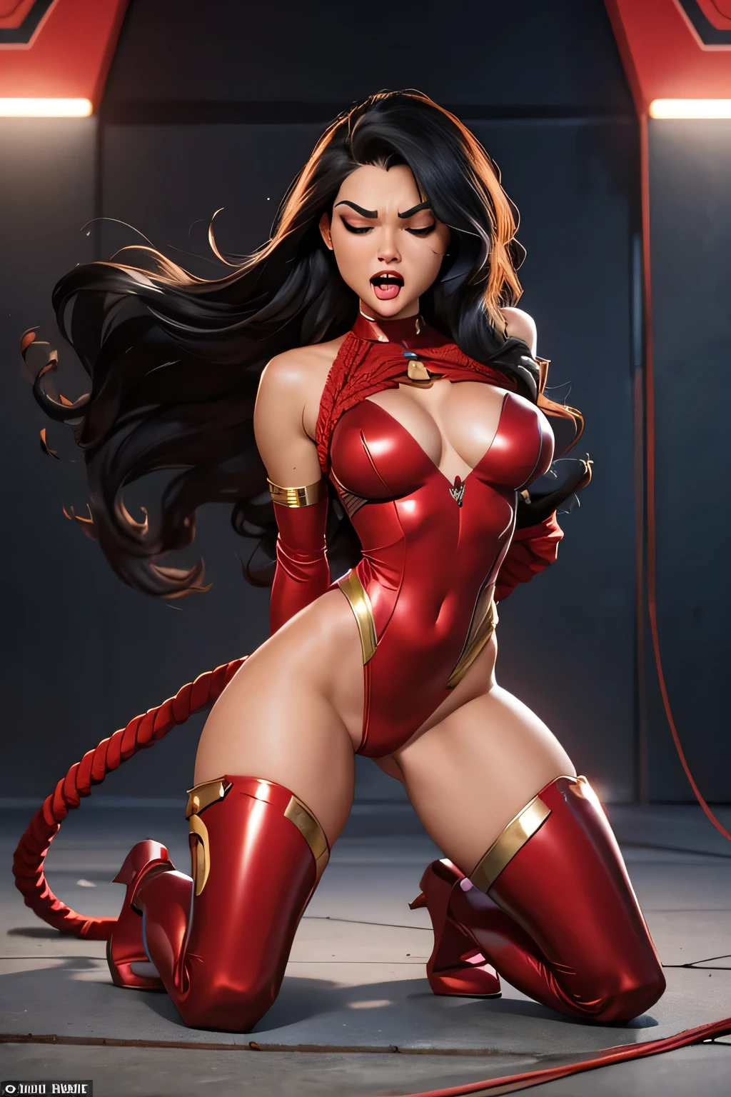 full body shot, dramatic angle, superheroine, named crimson bullet. but she is defeated by enemies and captured them, ((now, she is whipped)), she is kneeling, her eyes closed, helpless, humiliating, regrettable, she remains tied up, ((rough rope wrapped around chest tighten up2.5)), static restrained, ((arms behind back 2.5)), ((screaming in pain)), full body shot, in underground base, she wears a form-fitting red bodysuit (sleeveless) that accentuates her athletic figure. The bodysuit has gold accents, a star emblem on the chest, and intricate designs on the shoulders, hips, and thighs. The suit's material has a metallic sheen that reflects the surrounding light, emphasizing the futuristic theme. Her hair is shiny black and very long has well-groomed waves. She wears long red metallic gloves and matching thigh-high boots, both decorated with gold trim. A futuristic gauntlet is worn on her right arm