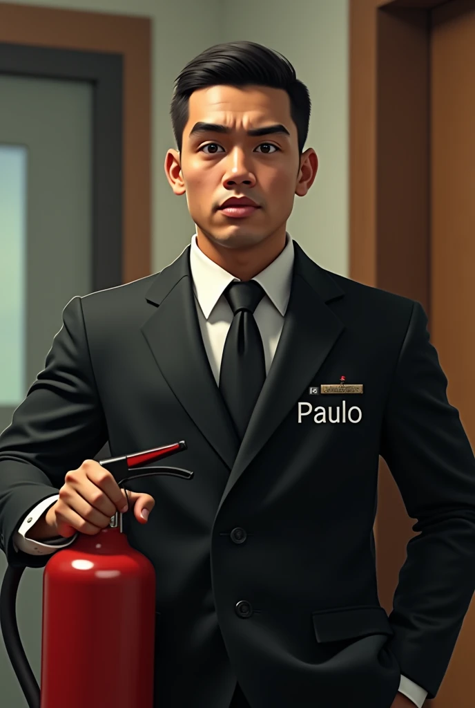 A light-skinned man in a black suit with the name Uncle Paulo written on the suit, holding a fire extinguisher