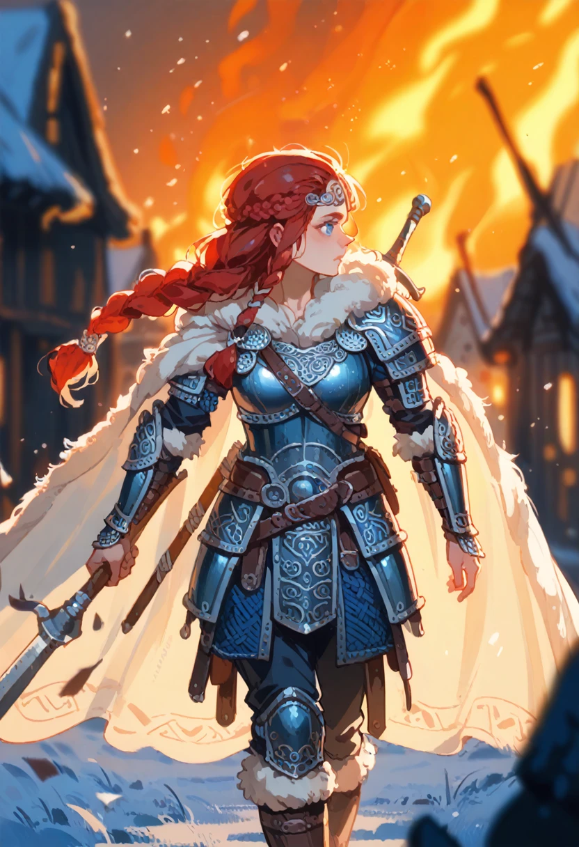 1girl, masterpiece, a viking (((dwarf))), walking, (((adult))) woman, red hair, braided hair, blue eyes historical (((Viking fur armor))), a heavy wool cape flowing in her back, a Norse village during winter in the background, heavy post-process effects, warm firelight, glow