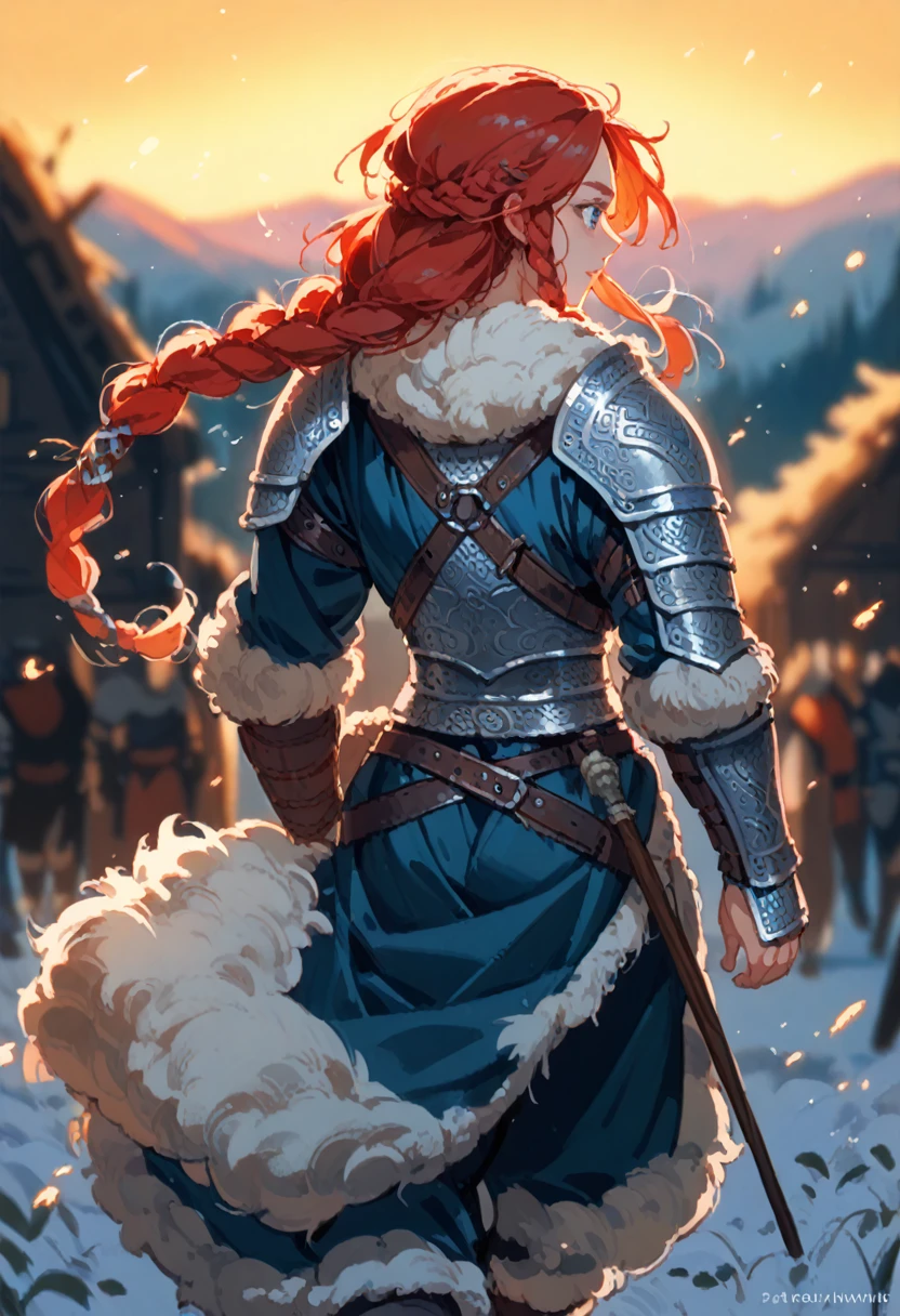 1girl, masterpiece, a viking (((dwarf))), walking, (((adult))) woman, red hair, braided hair, blue eyes historical (((Viking fur armor))), a heavy wool cape flowing in her back, a Norse village during winter in the background, heavy post-process effects, warm firelight, glow
