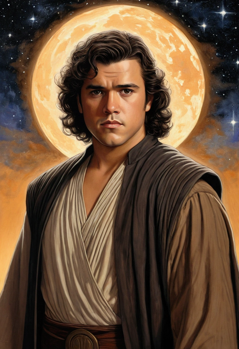 An illustrated movie poster, hand-drawn, full color, a Jedi Knight, 25-years-old, male, wearing a tunic shirt, portly figure, broad shoulders, muscular, hairy body, lost of body hair, brown eyes, brown-black hair, curly voluminous mane, sun-tanned skin, resembles Gavin Leatherwood, standing in front of a starry night sky, graphite shading, stencil marks, airbrushed acrylic paint, masterpiece, in the style of Drew Struzan