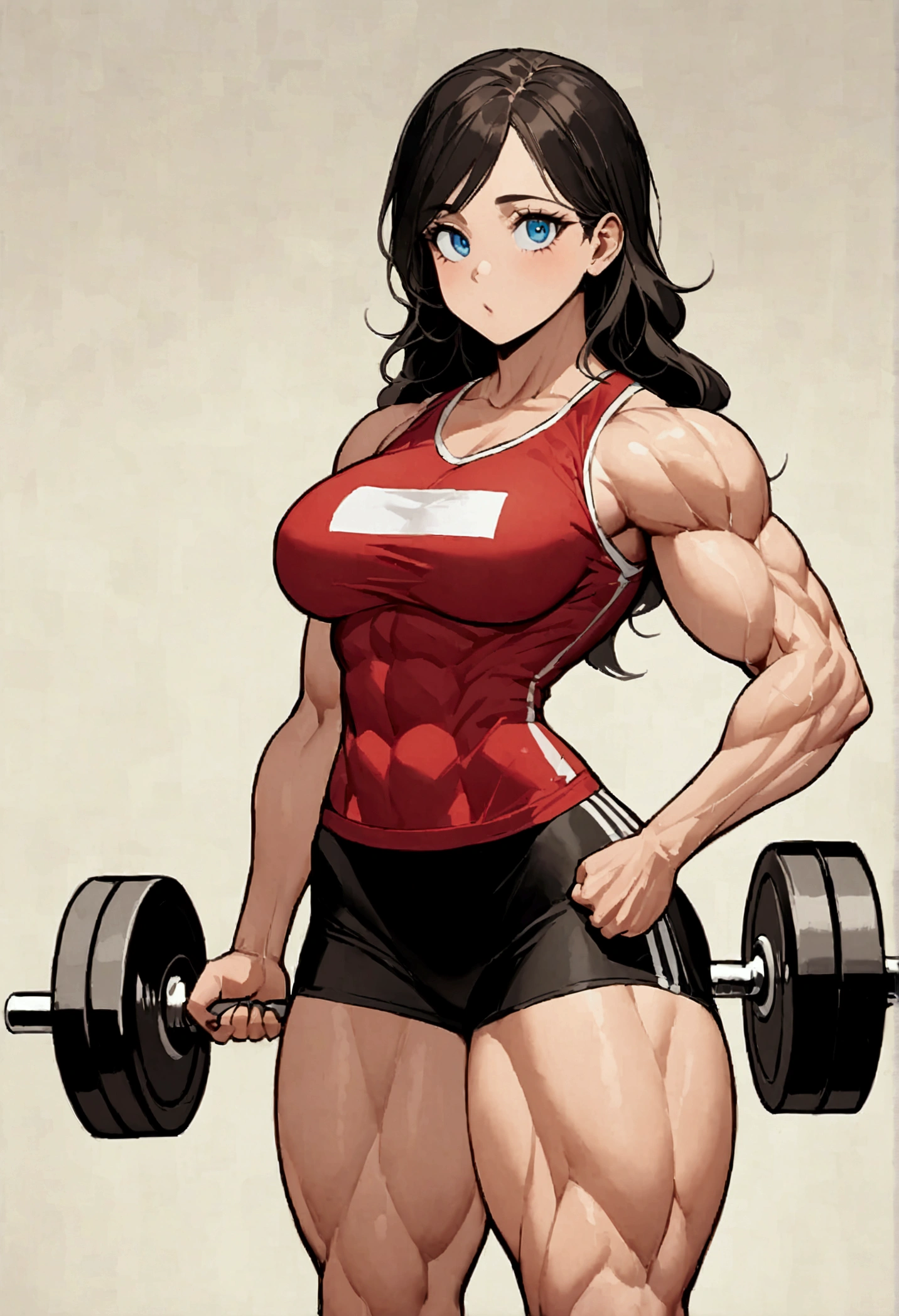 Mother with a thin athletic body, long dark hait, big expressive eyes, she’s wearing sports clothing, she’s on a square, she’s lifting a little dumbbell of 2 kg, she has little arm but firmed, her daughter is next to her, the daughter is young and short, she’s wearing a tight t-shirt with a unicorn, she’s much more muscular than her mother, her arms and thigh are sick, she’s lifting a huge dumbbell of 25 kg, her biceps is huge while she’s lifting, she looks confident