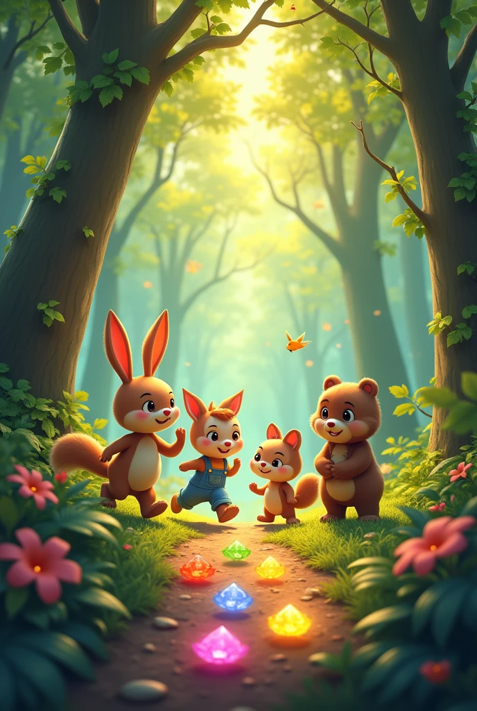
Enchanted Forest, Four very special friends: the hopping bunny, the little bird Trino, Squirrel Chispa and Cuddly Bear. 

A sunny day, The four friends decided to explore the mysterious Forest of Dreams. With courage and enthusiasm, They entered the thick forest, Following the bright path of 6 colored crystals that showed them the way.