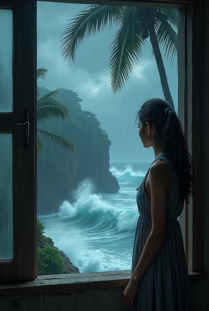 A dramatic scene of waves crashing against a rocky Indian coastline during a monsoon storm, with dark clouds overhead, lightning illuminating the sky, and palm trees swaying violently in the wind. I want realist type image. A girl is in the cottage looking out..show the face,looking gloomy.watching rain soothing herself