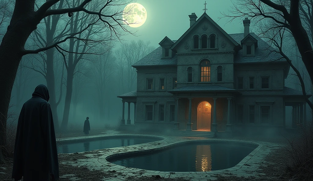 An old abandoned mansion appears in the middle of a dense and sinister forest, with tall, gnarled trees. At home, a luxury mansion forgotten by time, has broken windows, the worn and moss-covered facade. En el centro de la imagen, a large wooden door is ajar, revealing a deep darkness. A thick mist creeps across the ground, involving an old buried swimming pool, with broken tiles and full of debris. About the mansion door, a shadowy figure with the appearance of a doctor is partially visible, with bright eyes and a blood-stained lab coat. Behind him, satanic symbols are carved into the walls, and old rusty surgical tables are scattered throughout the hallways. The full moon shines faintly in the background, casting a pale light over the surroundings, as distorted figures appear among the trees, watching the scene. The atmosphere is heavy, charged with evil energy. In big, scary letters, The title "The Legend of the Cursed Doctor" appears at the top, with a dark light effect and an old texture, complementing the haunted scenery.