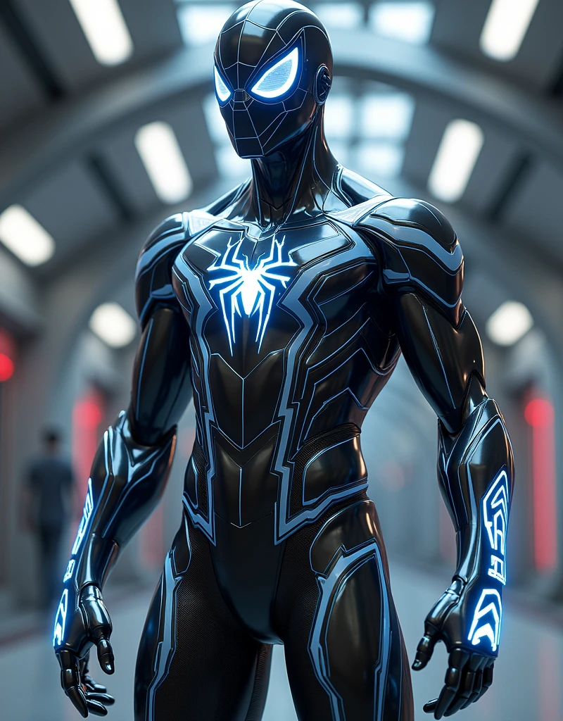 Spider man iron spider suit futuristic glossy finish glowing lighting