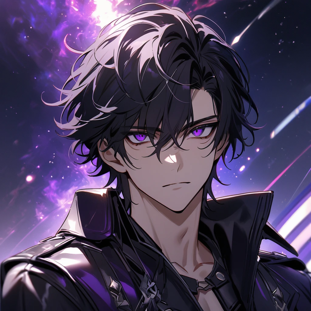High quality, HD, 4k, no shadows, handsome male, handsome, extremly handsome, 1male, 1 male, teenager, pure black hair, short black hair, dark hair, black hair, jet black hair, sharp eyes, deep purple colored eyes, dark purple colored eyes, deep violet eyes, violet eyes, devil may cry, close up, calm expression, stoic expression, black leather clothes, black leather clothing, leather clothing, lean body, well trained body, upper body, looking at viewer, cowboy shot, white solar, space background