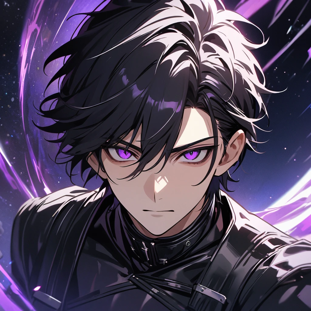 High quality, HD, 4k, no shadows, handsome male, handsome, extremly handsome, 1male, 1 male, teenager, pure black hair, short black hair, dark hair, black hair, jet black hair, sharp eyes, deep purple colored eyes, dark purple colored eyes, deep violet eyes, violet eyes, devil may cry, close up, calm expression, stoic expression, black leather clothes, black leather clothing, leather clothing, lean body, well trained body, upper body, looking at viewer, cowboy shot, white solar, space background