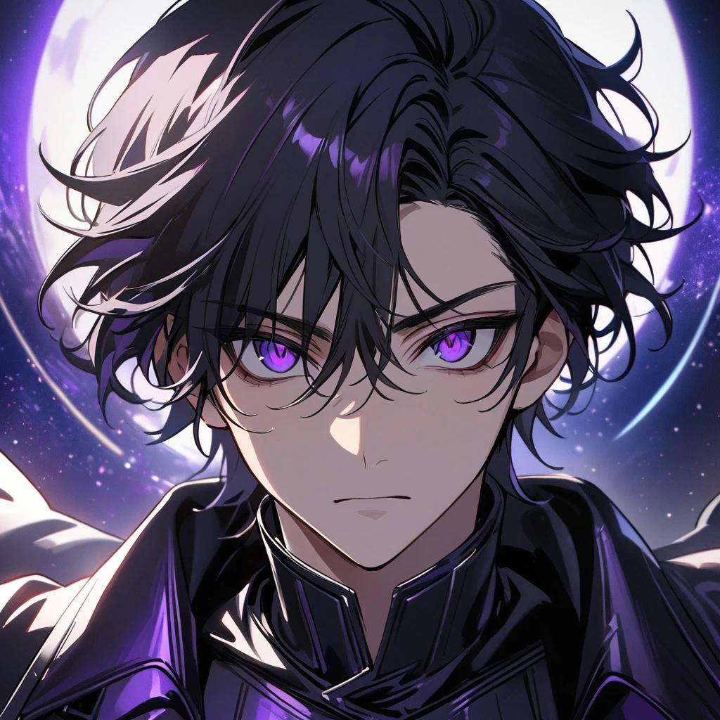 High quality, HD, 4k, no shadows, handsome male, handsome, extremly handsome, 1male, 1 male, teenager, pure black hair, short black hair, dark hair, black hair, jet black hair, sharp eyes, deep purple colored eyes, dark purple colored eyes, deep violet eyes, violet eyes, devil may cry, close up, calm expression, stoic expression, black leather clothes, black leather clothing, leather clothing, lean body, well trained body, upper body, looking at viewer, cowboy shot, white solar, space background