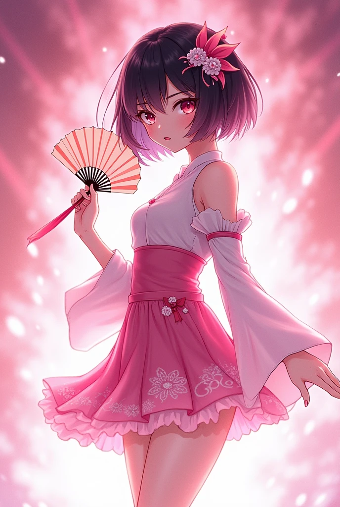 Anime Girl Short Black Hair with Red Streak, holding fan, full body up to the foot , pink and white short outfit, pink aura