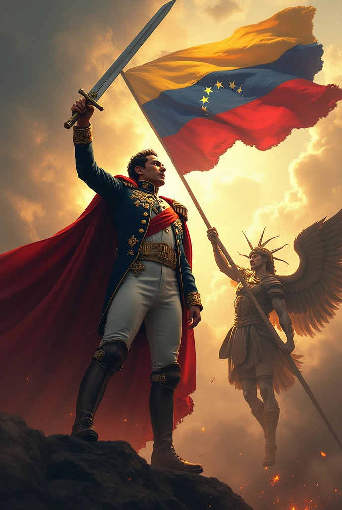 Bolívar and his sword with his military uniform of the time and Saint Michael the Archangel in a gladiator uniform descending from heaven in a battle against demons and in the sky the flag of Venezuela in the background