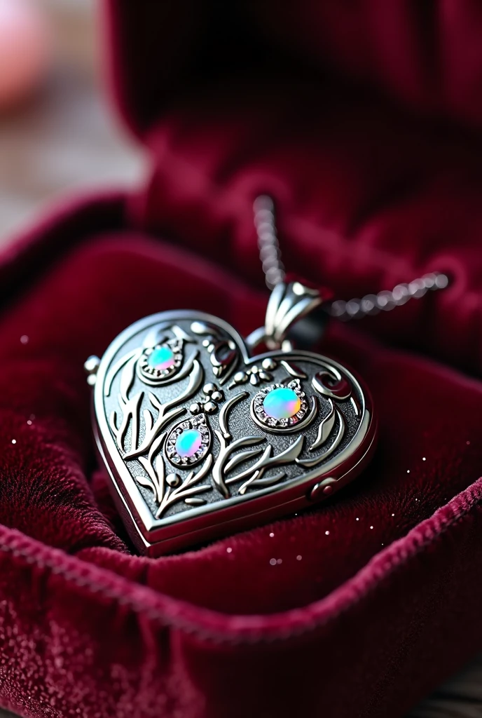 A velvet-covered box, revealing a stunning silver locket. The locket was shaped like two interconnected hearts, with intricate engravings of flowers and leaves on its surface. In the center of each heart was a small, shimmering opal, surrounded by tiny diamonds.