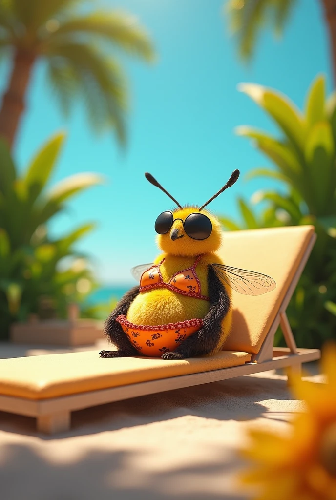 A bee wearing a bikini, in a tanning space 
