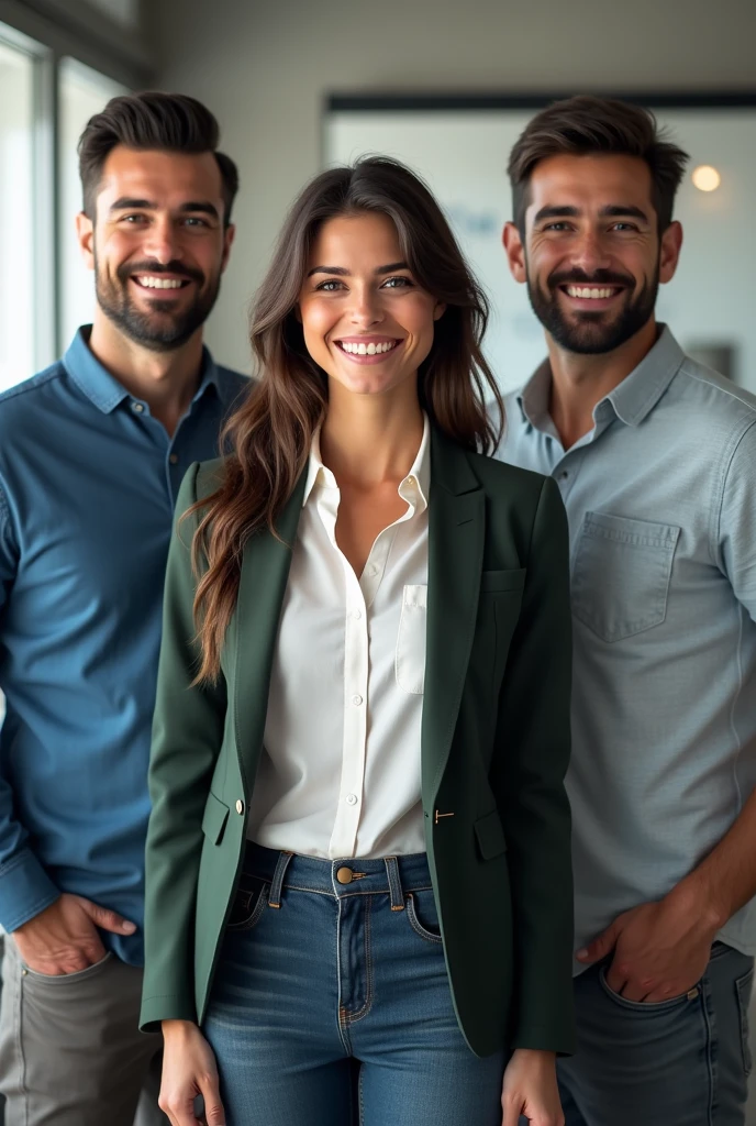 3 realistic software developers, looking at the camera happily, chileans, 1 woman in the center and 2 men