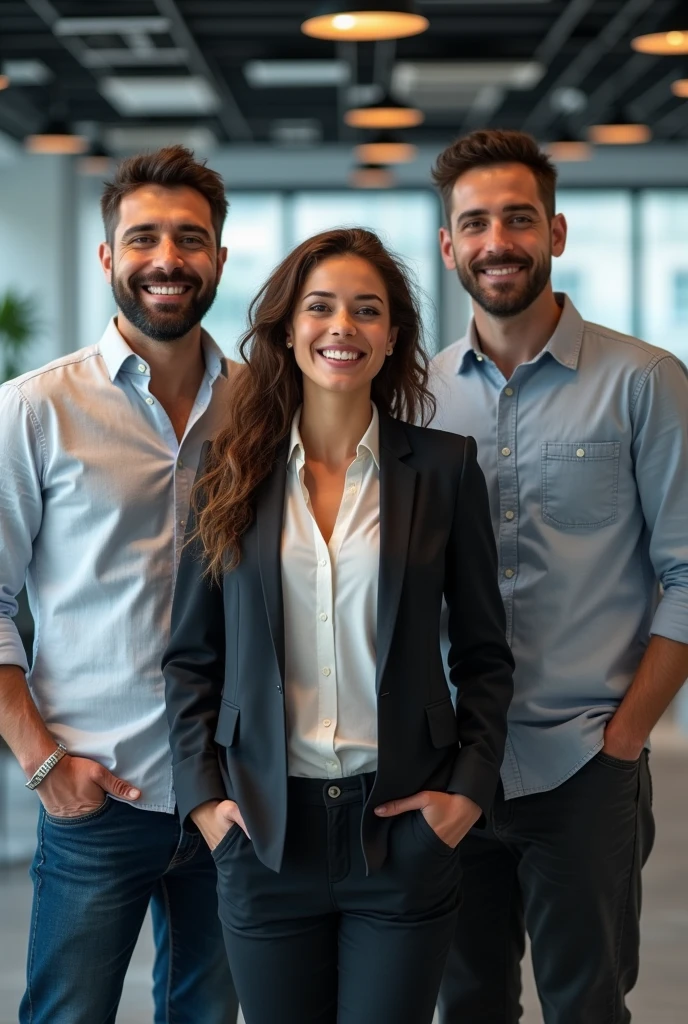 3 realistic software developers, looking at the camera happily, chileans, 1 woman in the center and 2 men