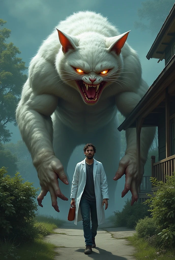 the zombie Big bodybuilder white cat while 
The doctor arriving at the house, holding a medical bag with a concerned expression.