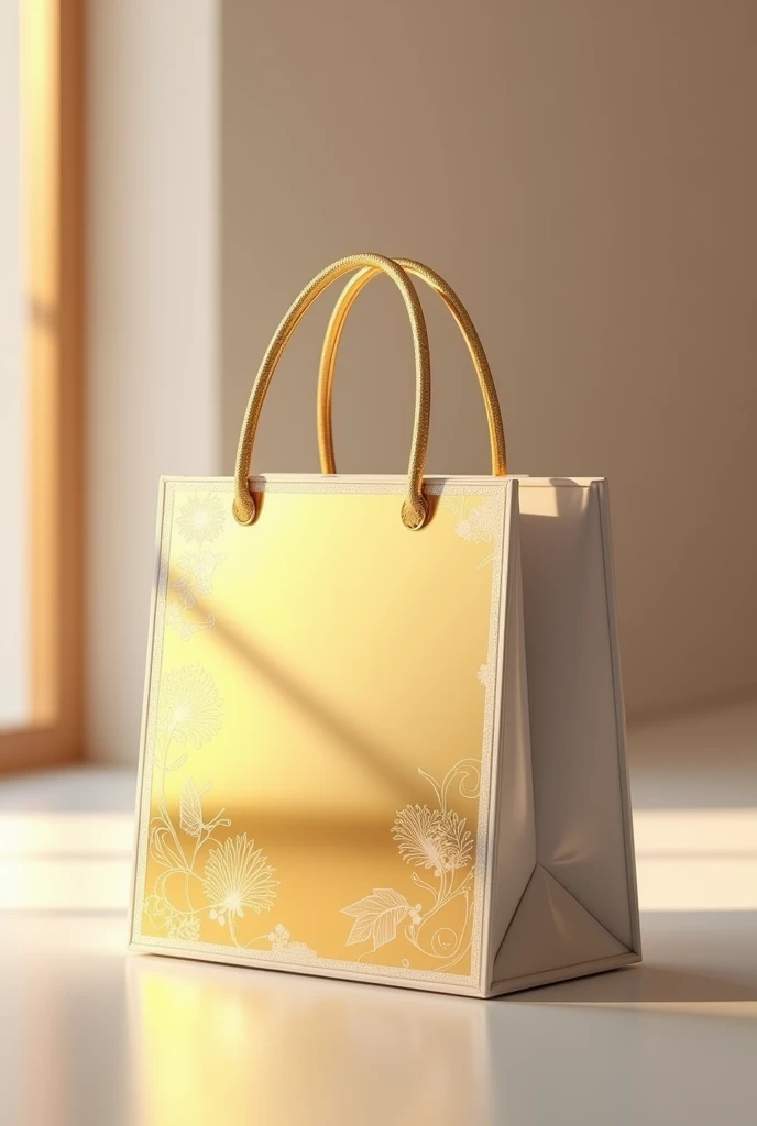 Create an image of a gleaming shopping bag tool in golden, white and beige tones, symbolizing craftsmanship and innovation. The tool should be prominently featured against a minimalistic shop background, conveying a sense of anticipation and excitement. Include subtle hints of a shop or storefront in the background to suggest that we will soon be opening a store. Overall, the image should evoke a feeling of quality and readiness, inviting our audience to look forward to our upcoming launch