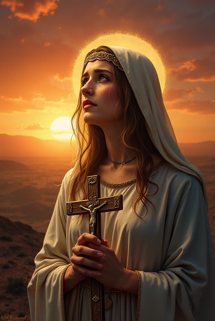 Bookmark of Saint Mary Magdalene holding a crucifix crying with the sunset beside her