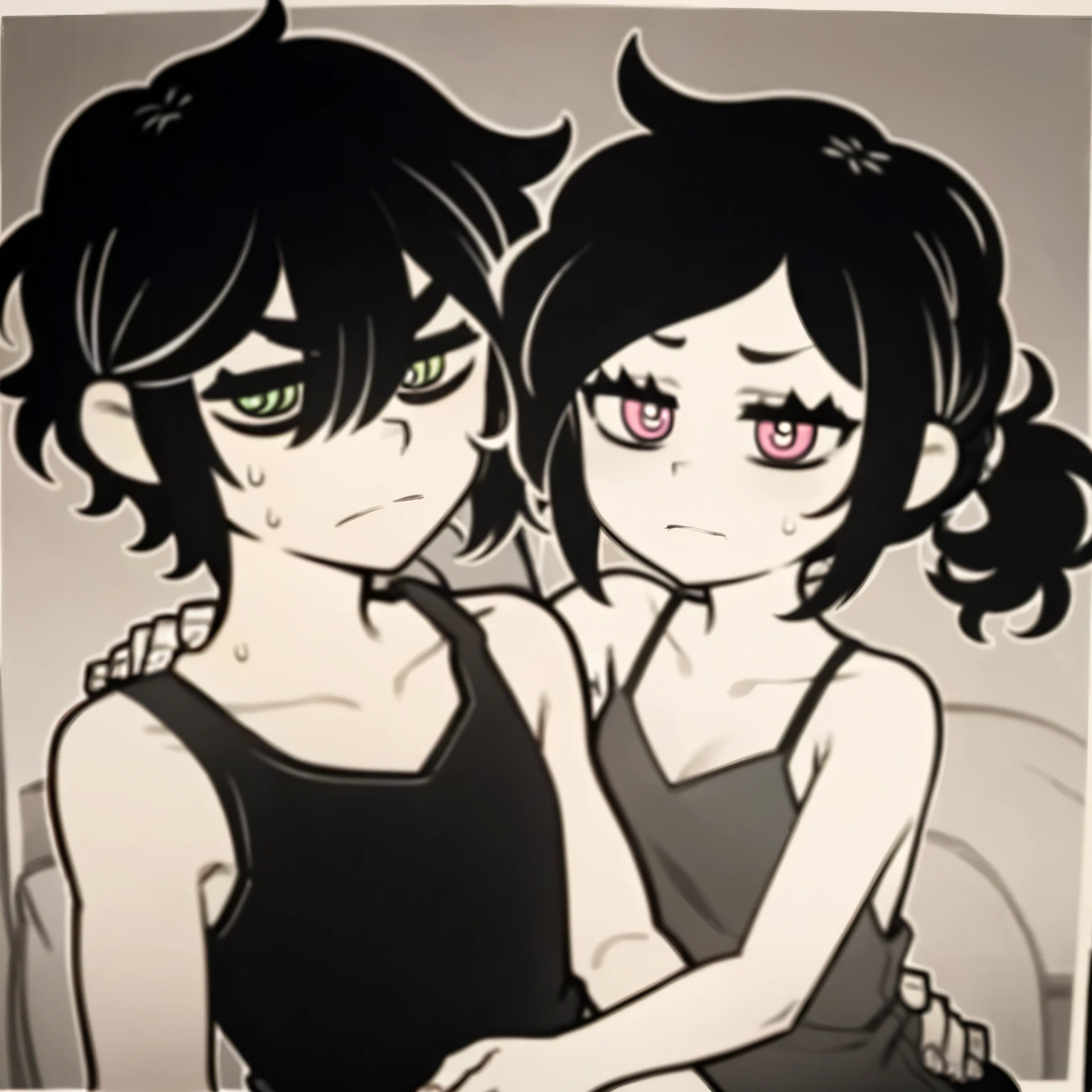 Highres, Masterpiece, Best quality at best,Best Quality,hight quality, hight detailed, Anime style, 1boy, 1girl, duo, monochrome:0.1, Andrew Graves and Ashley Graves, (The boy has green eyes, hair between eyes, closed mouth, black hair, slim body, messy hair, Waering tank top), (The girl has black hair, ponytail, Waering tank top, white pupils, pink eyes messy hair, short ponytail), Tcoaal, white outline, bold outline, dark background, upper body, Slim body, bright pupils, outline, white pupils, white outline, looking at viewer, Sibling photos, (Very young sibling), (very small and short body), White beckground, Uhd, bokeh, sweat