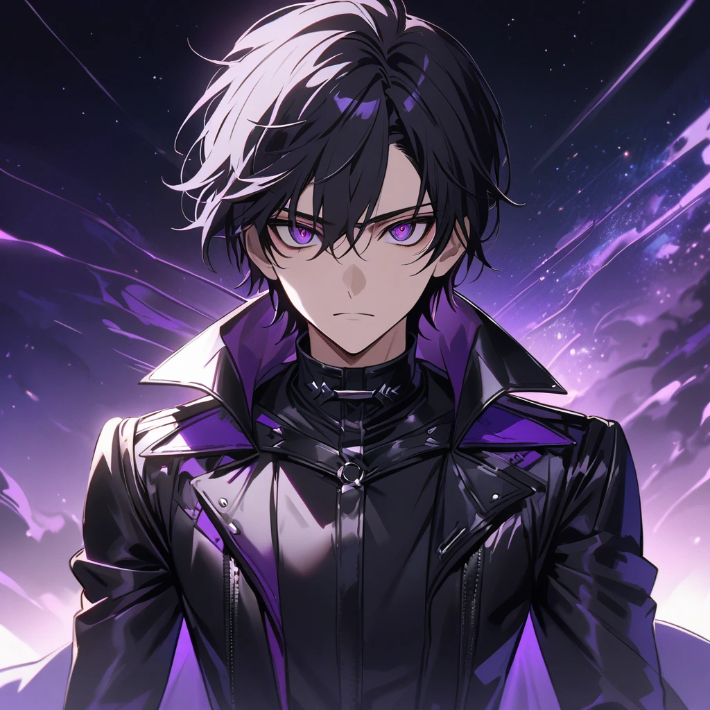 High quality, HD, 4k, no shadows, handsome male, handsome, extremly handsome, 1male, 1 male, teenager, pure black hair, short black hair, dark hair, black hair, jet black hair, sharp eyes, deep purple colored eyes, dark purple colored eyes, deep violet eyes, violet eyes, devil may cry, close up, calm expression, stoic expression, black leather clothes, black leather clothing, leather clothing, lean body, well trained body, upper body, looking at viewer, cowboy shot, white solar, space background