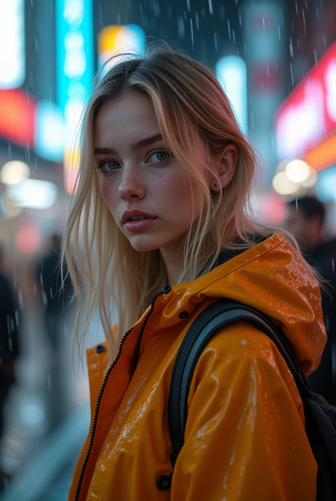 create an influencer,blonde hair,Scandinavian,light eyes,light brown skin, spotty, girl next door,detailed body to face, im Bett, 8k resolution,body should be completely visible,stands in rain in the city,tokyo,neon signs,rain jacket,paouze the head, looks sideways into the kaara
