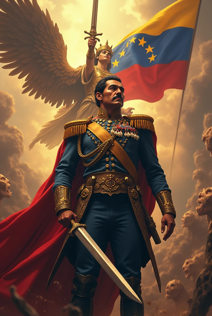 Bolívar and his sword with his military uniform of the time and Saint Michael the Archangel in a gladiator uniform descending from heaven in a battle against demons and in the sky the flag of Venezuela in the background