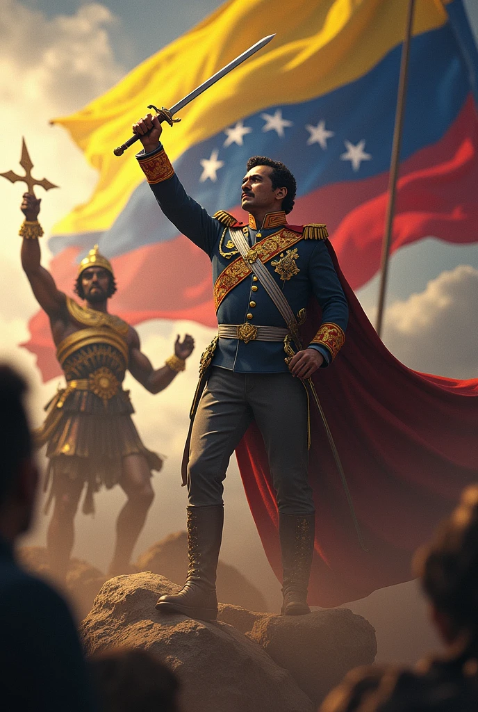 Bolívar and his sword with his military uniform of the time and Saint Michael the Archangel in a gladiator uniform descending from heaven in a battle against demons and in the sky the flag of Venezuela in the background
