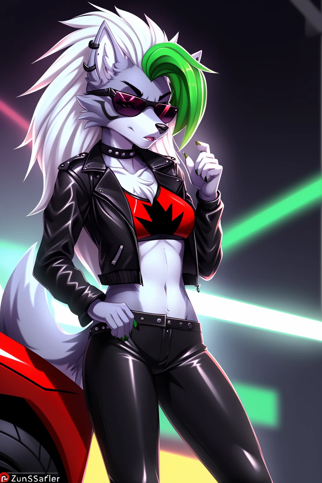 By zinfyuu on pixiv,by twistedscarlet60, uploaded on pixiv, by fluff-kevlar, (masterpiece), (best quality), (anthro furry:1.3, snout:1.2, anthro:1.3, furry:1.2, solo female:1.2), (extremely detailed:1.3), tall slim body, grey fur, roxanne, roxanne wolf, (black leather jacket:1.5), black jacket, leather jacket, black leather pants, (black pants:1.3), leather pants, (sunglasses:1.2), rectangular sunglasses, dark sunglasses, dark glasses, black sunglasses, serious face, 