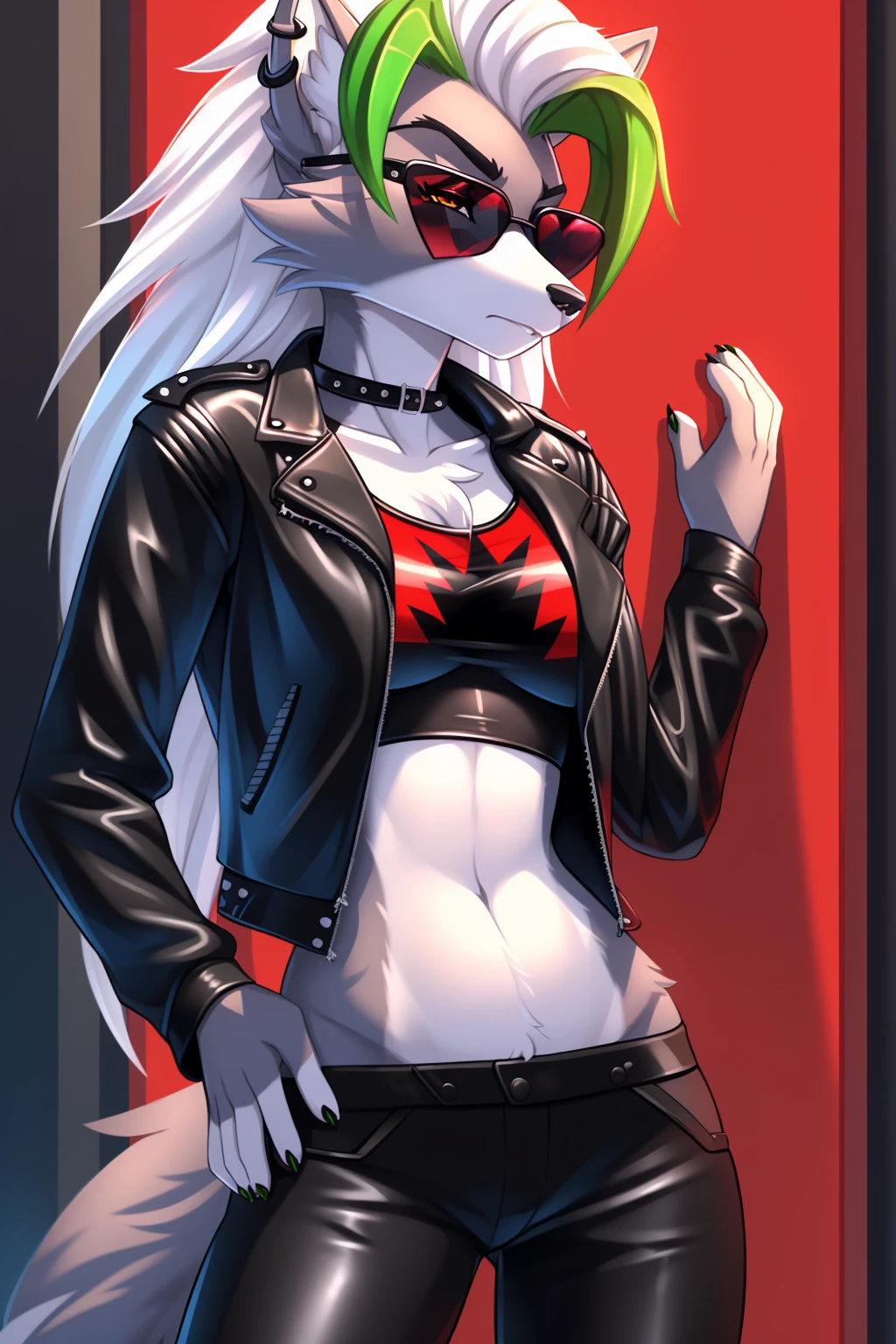 By zinfyuu on pixiv,by twistedscarlet60, uploaded on pixiv, by fluff-kevlar, (masterpiece), (best quality), (anthro furry:1.3, snout:1.2, anthro:1.3, furry:1.2, solo female:1.2), (extremely detailed:1.3), tall slim body, grey fur, roxanne, roxanne wolf, (black leather jacket:1.5), black jacket, leather jacket, black leather pants, (black pants:1.3), leather pants, (sunglasses:1.2), rectangular sunglasses, dark sunglasses, dark glasses, black sunglasses, serious face, 