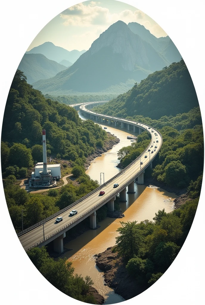 Create a circular badge. In the lower right corner of the circle, place the Paraíba do Sul River with muddy water.. In the middle of the circle, from the bottom to the top, place the Presidente Dutra Highway with cars following the river in the same direction and filling the entire image. In the lower left corner, place a Factory that is clearly highlighted.. In the upper part of the inner circle place the mountains of the peak of the black needles. In the lower left corner of the inside of the circle place the round hemlock forest. Make the image less oval. 
