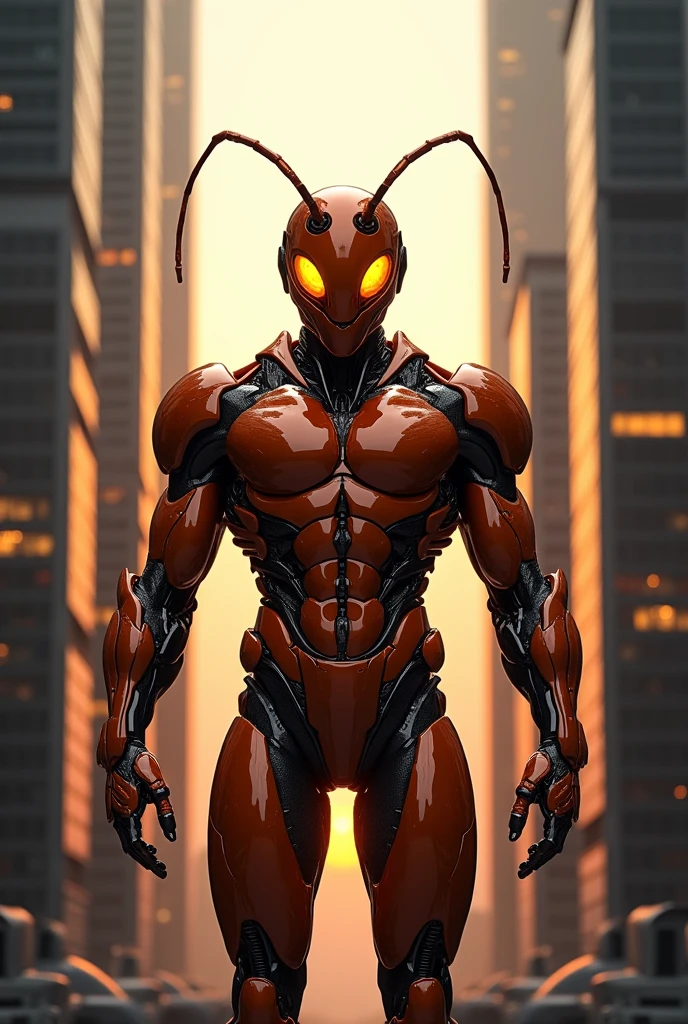 A fire ant man with a cyborg glossy costume standing between black and white buildings at sunset
